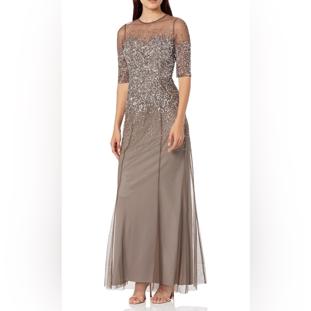 Adrianna Papell Silver Sequin Maxi Gown with Scoop Neck